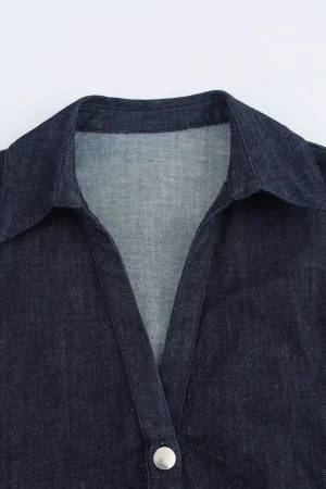 ETJ 2025 Spring New 1975 series denim MIDI dress with lapel side zipper fashion wrinkle waist slim elegant dress