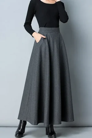 SMVP New Winter Women's Long Woolen Skirt Elegant High Waist Wool A Line Skirts Female Casual Thick Warm Pocket Maxi Skirts Lady