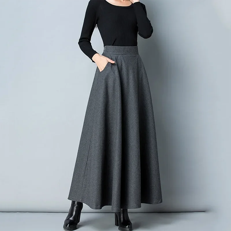 SMVP New Winter Women's Long Woolen Skirt Elegant High Waist Wool A Line Skirts Female Casual Thick Warm Pocket Maxi Skirts Lady - Image 3