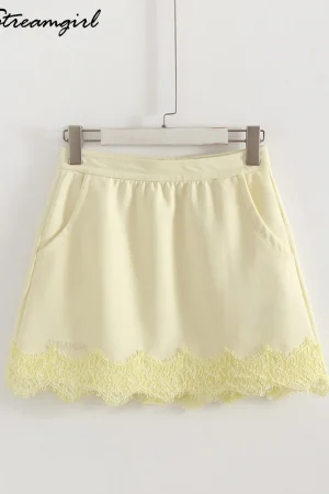 Streamgirl Lace Mini Skirts Women Elegant Brown A Line Skirt With Pockets Stretch Waist Short Yellow Skirt Mini Lace For Women