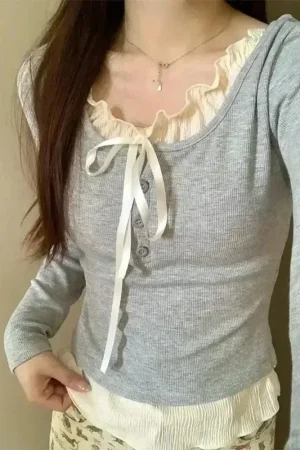 Korean Fashion Cropped Tshirt Women Long Sleeve Coquette Lace Streetwear Bow T-shirts Round Neck Tops Vintage Aesthetic