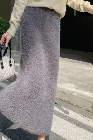 Imitation Mink Fur Knitted Skirt Women's Winter Long Skirt Korean Version Slim A-line Skirt Soft Warm Thickened Knitted Skirt