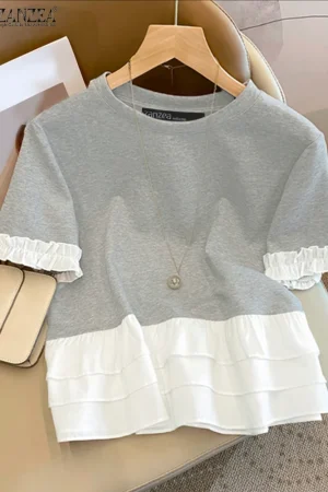 ZANZEA Woman Fashion Chic T-Shirts Summer Casual Round Neck Short Sleeve Ruffle Trim Layered Hem Contrast-Color Patchwork Tees