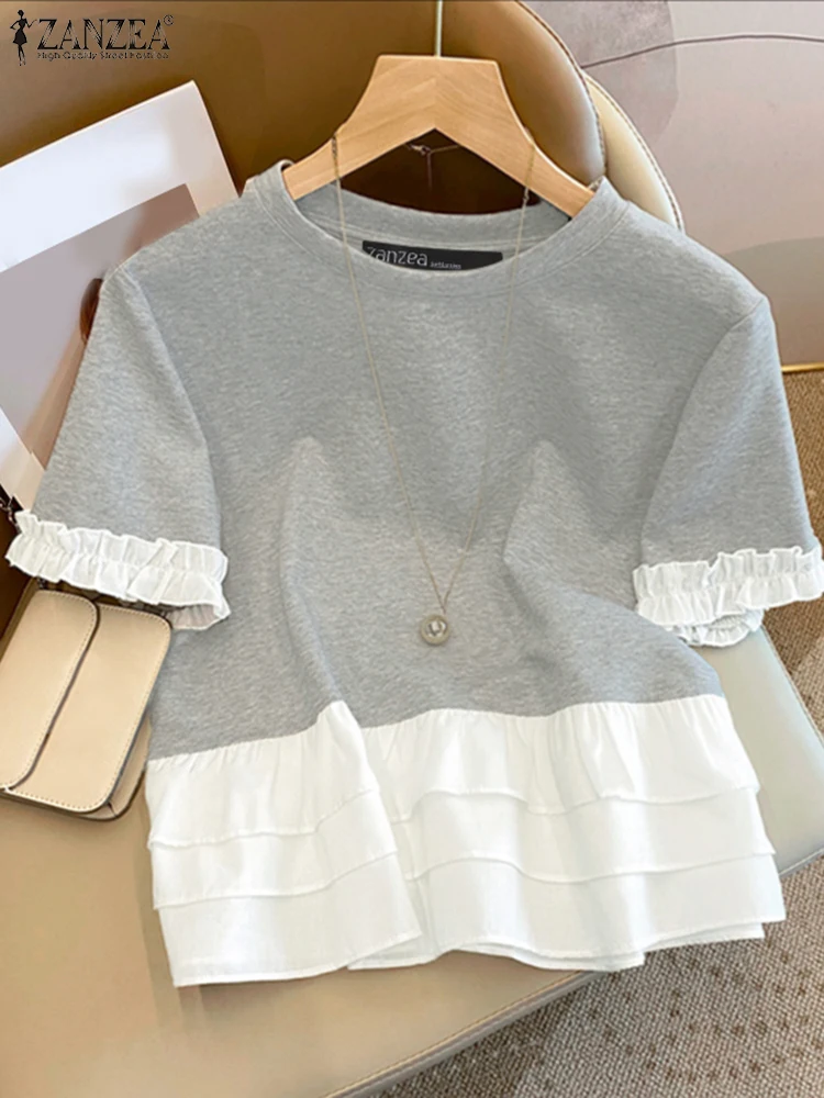 ZANZEA Woman Fashion Chic T-Shirts Summer Casual Round Neck Short Sleeve Ruffle Trim Layered Hem Contrast-Color Patchwork Tees - Image 3