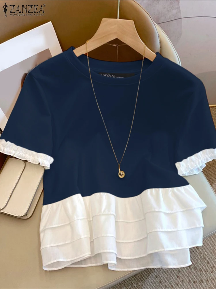ZANZEA Woman Fashion Chic T-Shirts Summer Casual Round Neck Short Sleeve Ruffle Trim Layered Hem Contrast-Color Patchwork Tees - Image 2