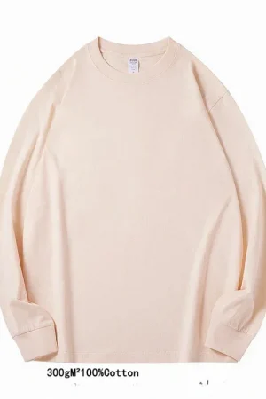 Spring Autumn 300g Heavy-duty Pure Cotton Long Sleeved T-shirt FLoose White Top Thick Base Layer Underneath for Men and Women