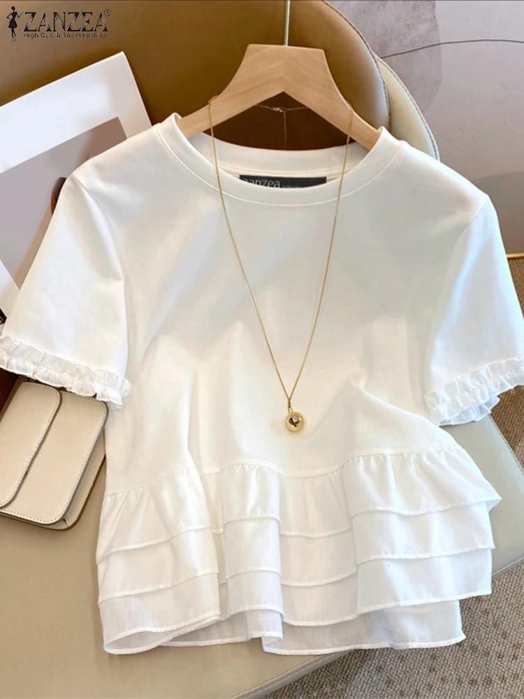 ZANZEA Woman Fashion Chic T-Shirts Summer Casual Round Neck Short Sleeve Ruffle Trim Layered Hem Contrast-Color Patchwork Tees