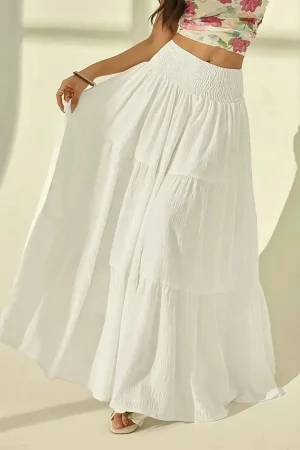 Women Fashion Tiered Maxi Skirt Elastic Waist Casual Solid Color A-line Faldas Mujer Holiday Streetwear Long Jupes