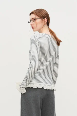 FSLE Autumn New Top 2025 Women's Striped Knit T-Shirt Long Sleeve Lace Trim Base Layer Top Soft Stretch for Casual Layering