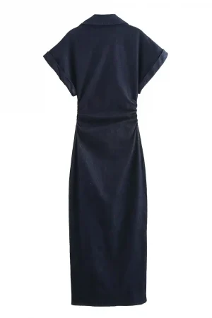 ETJ 2025 Spring New 1975 series denim MIDI dress with lapel side zipper fashion wrinkle waist slim elegant dress