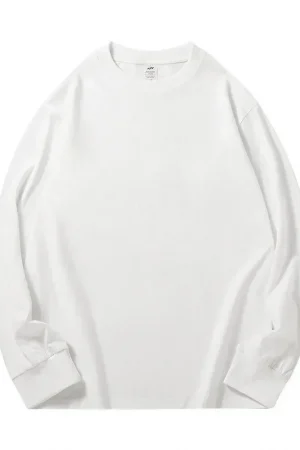Spring Autumn 300g Heavy-duty Pure Cotton Long Sleeved T-shirt FLoose White Top Thick Base Layer Underneath for Men and Women