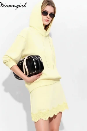 Streamgirl Lace Mini Skirts Women Elegant Brown A Line Skirt With Pockets Stretch Waist Short Yellow Skirt Mini Lace For Women