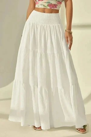 Women Fashion Tiered Maxi Skirt Elastic Waist Casual Solid Color A-line Faldas Mujer Holiday Streetwear Long Jupes