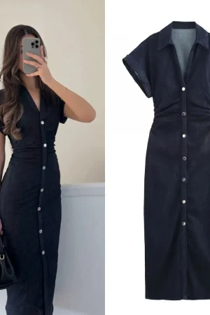 ETJ 2025 Spring New 1975 series denim MIDI dress with lapel side zipper fashion wrinkle waist slim elegant dress