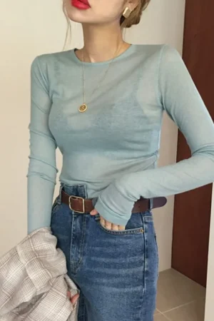 Korean sexy slim see-through plain t-shirt women tops spring summer Tshirt Transparent long sleeve tee shirts female Solid Top