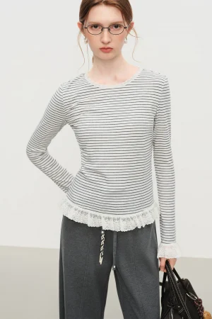 FSLE Autumn New Top 2025 Women's Striped Knit T-Shirt Long Sleeve Lace Trim Base Layer Top Soft Stretch for Casual Layering