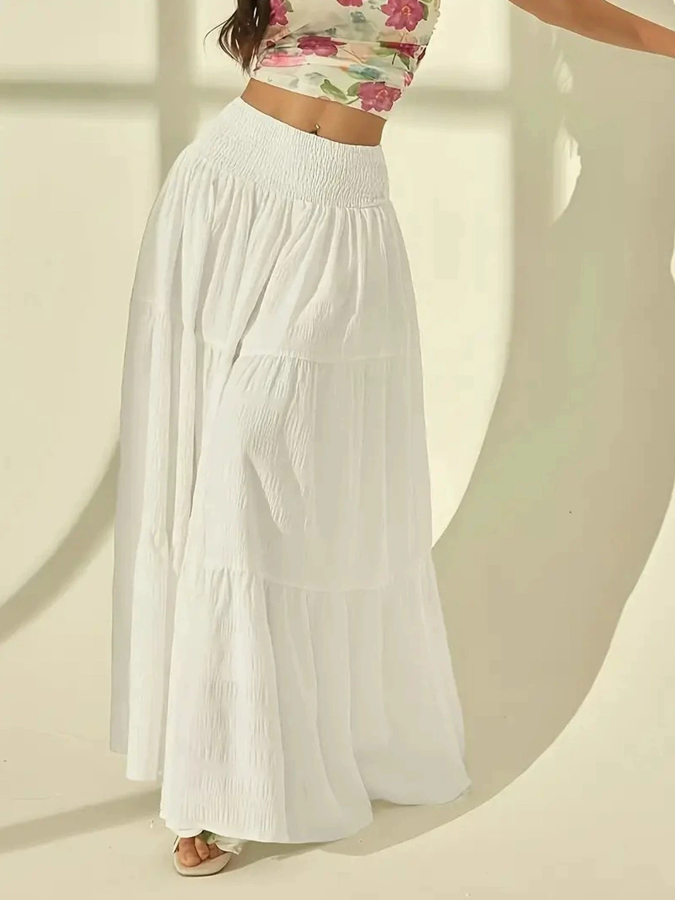 Women Fashion Tiered Maxi Skirt Elastic Waist Casual Solid Color A-line Faldas Mujer Holiday Streetwear Long Jupes - Image 2