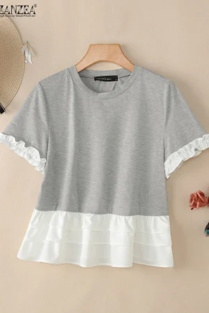 ZANZEA Woman Fashion Chic T-Shirts Summer Casual Round Neck Short Sleeve Ruffle Trim Layered Hem Contrast-Color Patchwork Tees