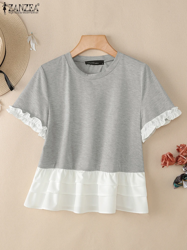 ZANZEA Woman Fashion Chic T-Shirts Summer Casual Round Neck Short Sleeve Ruffle Trim Layered Hem Contrast-Color Patchwork Tees - Image 4