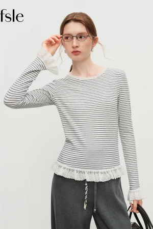 FSLE Autumn New Top 2025 Women's Striped Knit T-Shirt Long Sleeve Lace Trim Base Layer Top Soft Stretch for Casual Layering