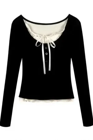 Korean Fashion Cropped Tshirt Women Long Sleeve Coquette Lace Streetwear Bow T-shirts Round Neck Tops Vintage Aesthetic