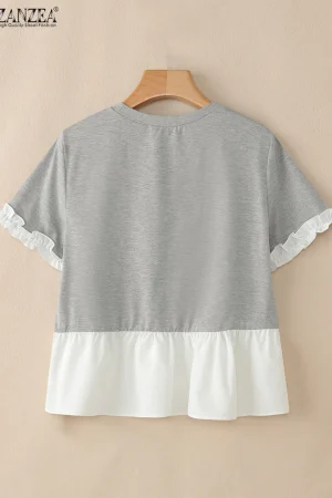 ZANZEA Woman Fashion Chic T-Shirts Summer Casual Round Neck Short Sleeve Ruffle Trim Layered Hem Contrast-Color Patchwork Tees