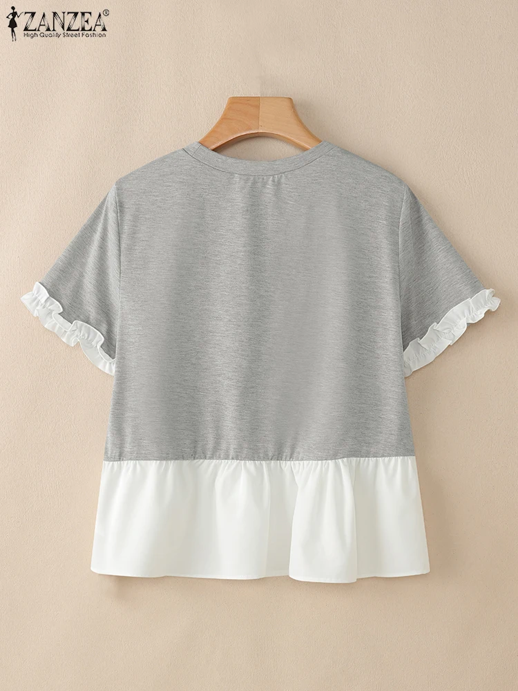 ZANZEA Woman Fashion Chic T-Shirts Summer Casual Round Neck Short Sleeve Ruffle Trim Layered Hem Contrast-Color Patchwork Tees - Image 5