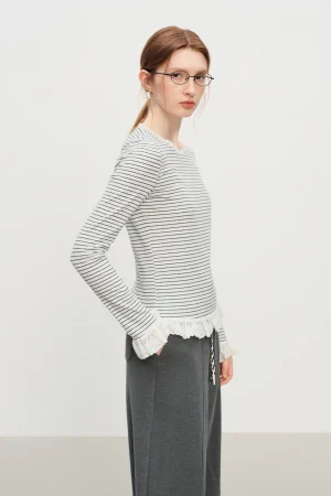 FSLE Autumn New Top 2025 Women's Striped Knit T-Shirt Long Sleeve Lace Trim Base Layer Top Soft Stretch for Casual Layering