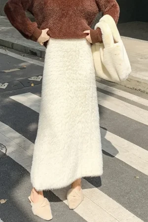 Imitation Mink Fur Knitted Skirt Women's Winter Long Skirt Korean Version Slim A-line Skirt Soft Warm Thickened Knitted Skirt