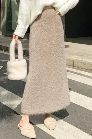 Imitation Mink Fur Knitted Skirt Women's Winter Long Skirt Korean Version Slim A-line Skirt Soft Warm Thickened Knitted Skirt