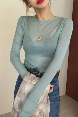 Korean sexy slim see-through plain t-shirt women tops spring summer Tshirt Transparent long sleeve tee shirts female Solid Top