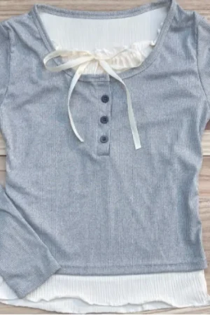 Korean Fashion Cropped Tshirt Women Long Sleeve Coquette Lace Streetwear Bow T-shirts Round Neck Tops Vintage Aesthetic