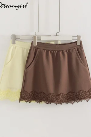 Streamgirl Lace Mini Skirts Women Elegant Brown A Line Skirt With Pockets Stretch Waist Short Yellow Skirt Mini Lace For Women