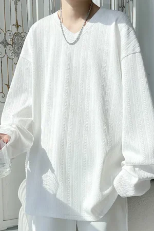 Spring Autumn Men's Loose T-Shirts Solid Color Long Sleeve V-Neck Casual Tshirt Men Fashion Streetwear Tees Tops Plus Size 5XL