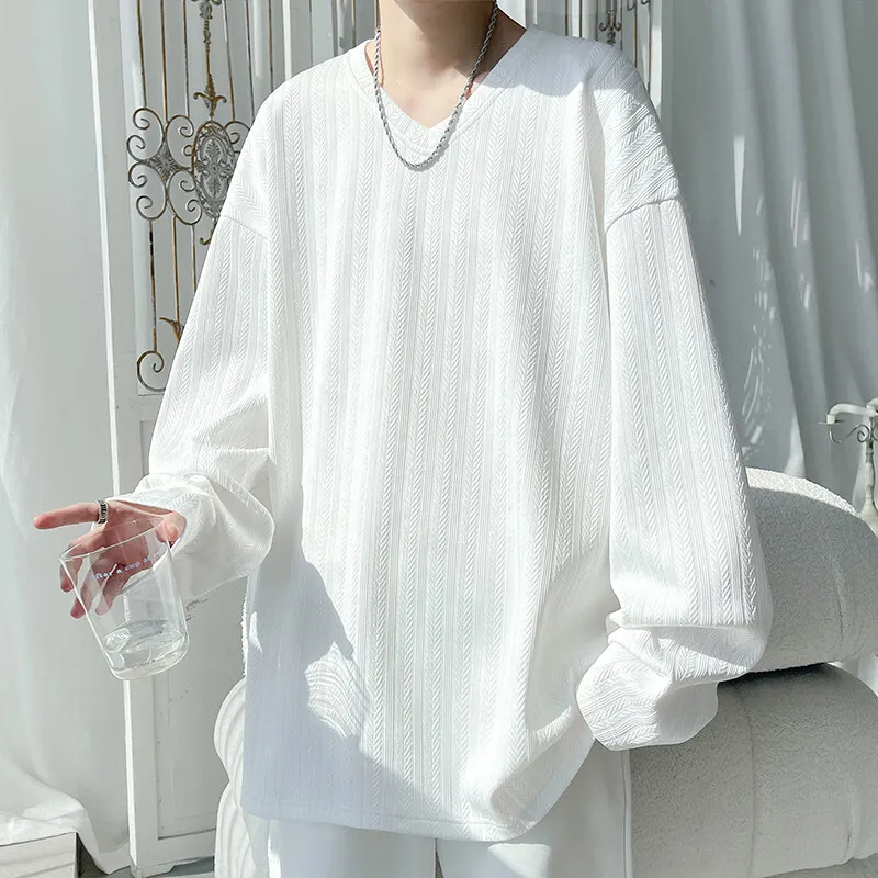 Spring Autumn Men's Loose T-Shirts Solid Color Long Sleeve V-Neck Casual Tshirt Men Fashion Streetwear Tees Tops Plus Size 5XL