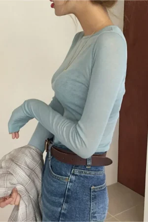 Korean sexy slim see-through plain t-shirt women tops spring summer Tshirt Transparent long sleeve tee shirts female Solid Top