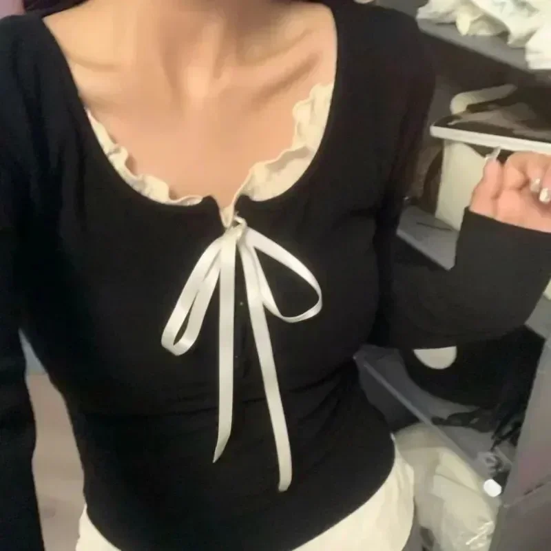 Korean Fashion Cropped Tshirt Women Long Sleeve Coquette Lace Streetwear Bow T-shirts Round Neck Tops Vintage Aesthetic - Image 5