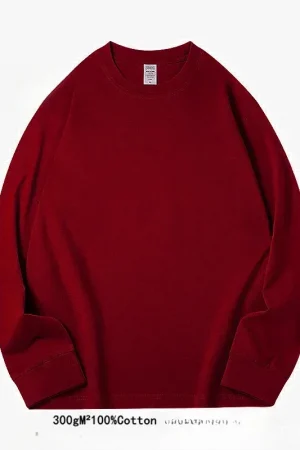 Spring Autumn 300g Heavy-duty Pure Cotton Long Sleeved T-shirt FLoose White Top Thick Base Layer Underneath for Men and Women