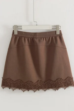 Streamgirl Lace Mini Skirts Women Elegant Brown A Line Skirt With Pockets Stretch Waist Short Yellow Skirt Mini Lace For Women