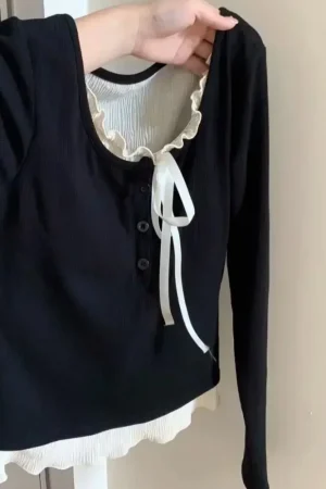 Korean Fashion Cropped Tshirt Women Long Sleeve Coquette Lace Streetwear Bow T-shirts Round Neck Tops Vintage Aesthetic