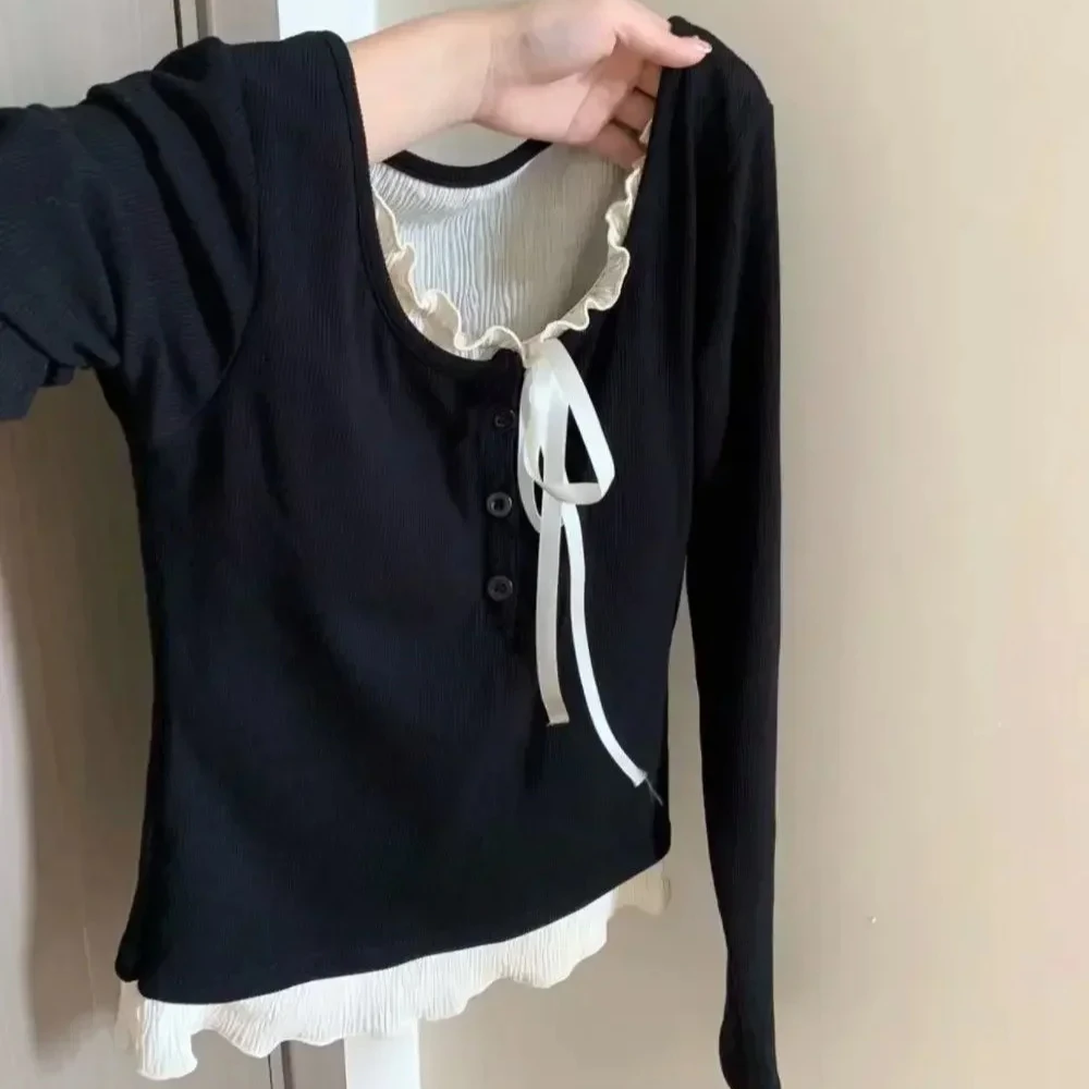 Korean Fashion Cropped Tshirt Women Long Sleeve Coquette Lace Streetwear Bow T-shirts Round Neck Tops Vintage Aesthetic - Image 6