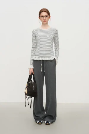 FSLE Autumn New Top 2025 Women's Striped Knit T-Shirt Long Sleeve Lace Trim Base Layer Top Soft Stretch for Casual Layering